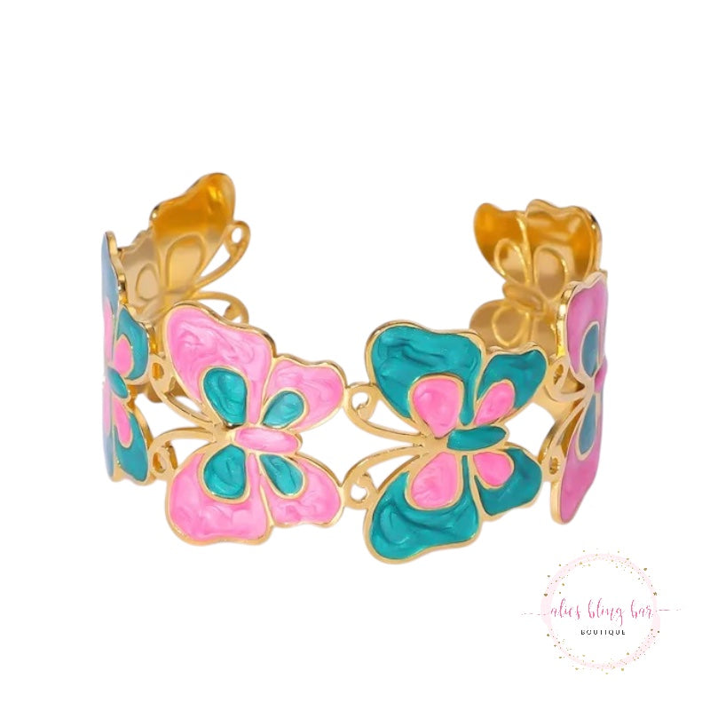Vibrant Wings - Green & Pink Butterfly Cuff Bracelet - Alies Bling Bar