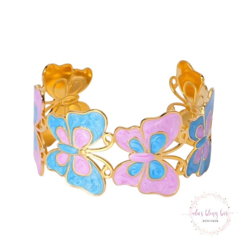 Vibrant Wings - Blue & Pink Butterfly Cuff Bracelet - Alies Bling Bar