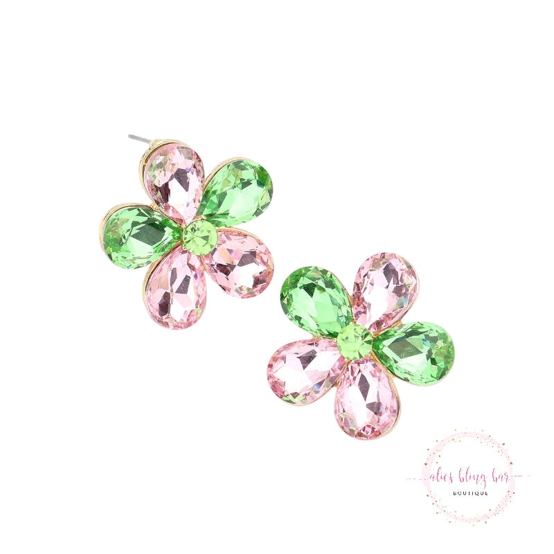 Crystal Bloom - Pink & Green Stud Earrings - Alies Bling Bar