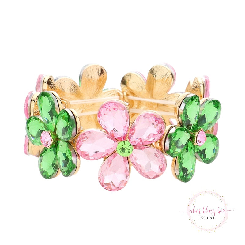 Blooming Beauty - Pink & Green Stretch Bracelet - Alies Bling Bar