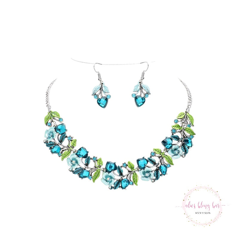 Nature's Elegance - Aqua Necklace & Earrings Set - Alies Bling Bar