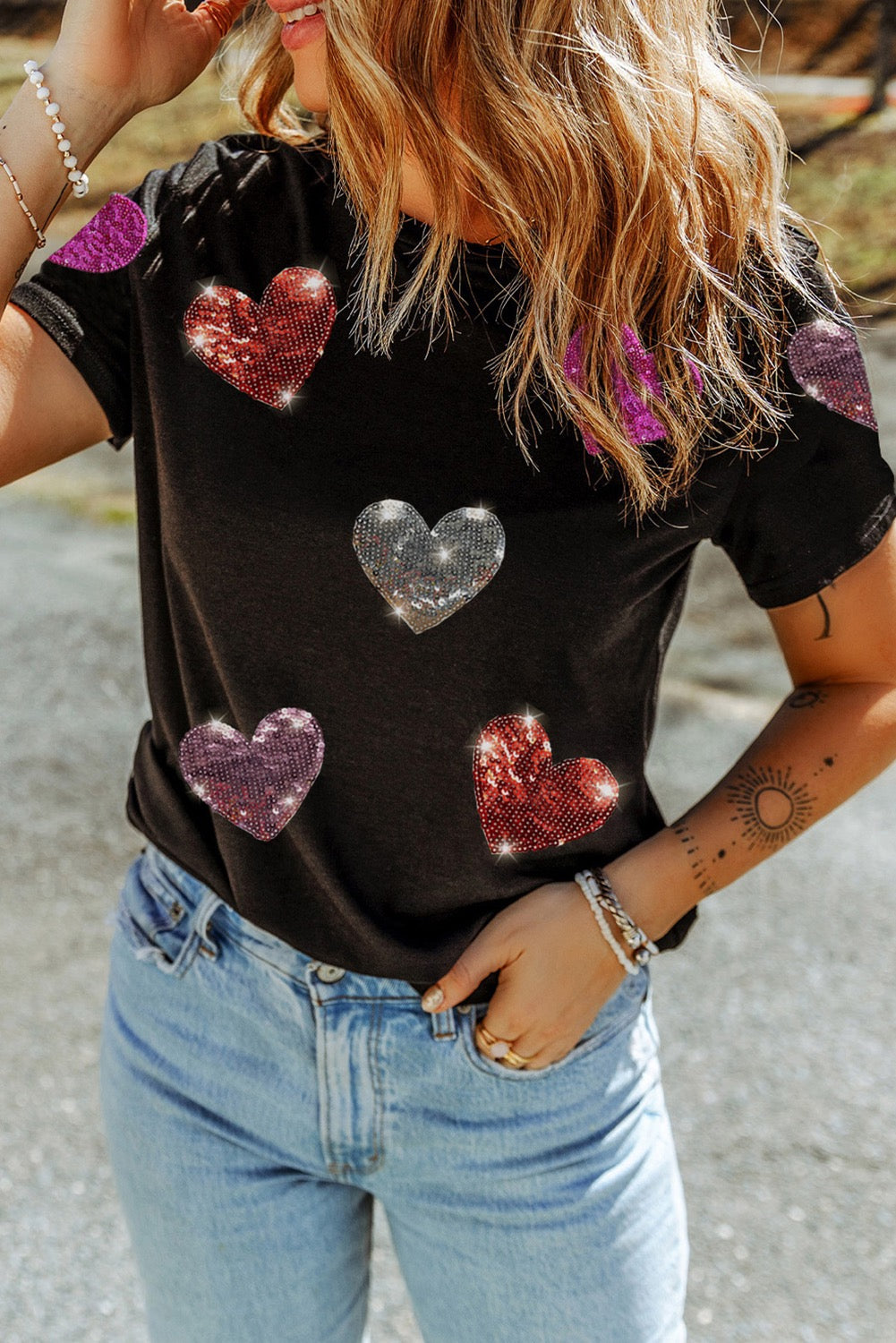 Black Sequin Heart Crewneck Tee - Alies Bling Bar