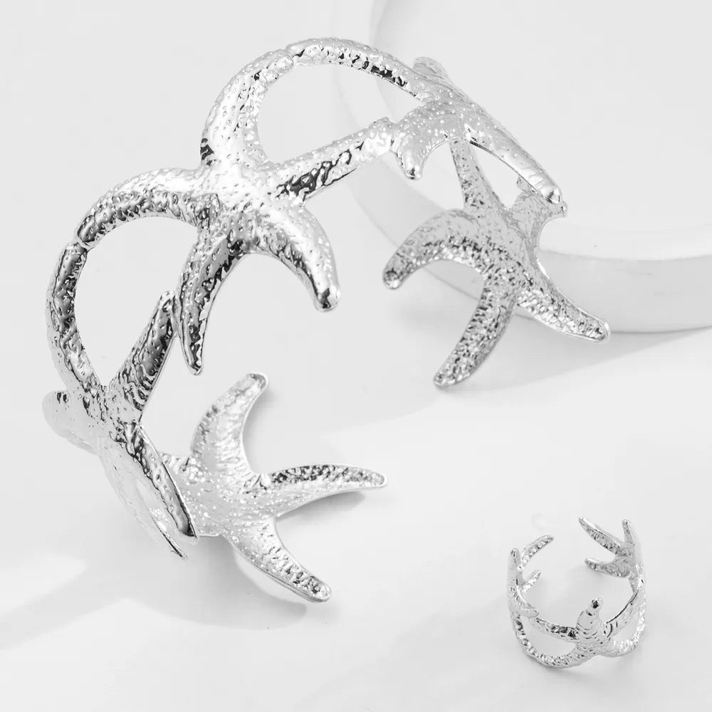 Ocean's Elegance - 14k Gold Plated Silver Bracelet & Ring Set - Alies Bling Bar