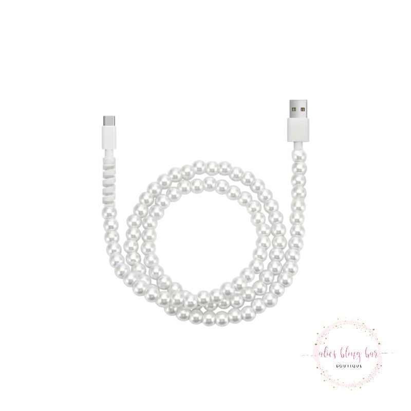 Beaded Charging Cords - White Pearl - All Devices USBC & Lightening - Alies Bling Bar
