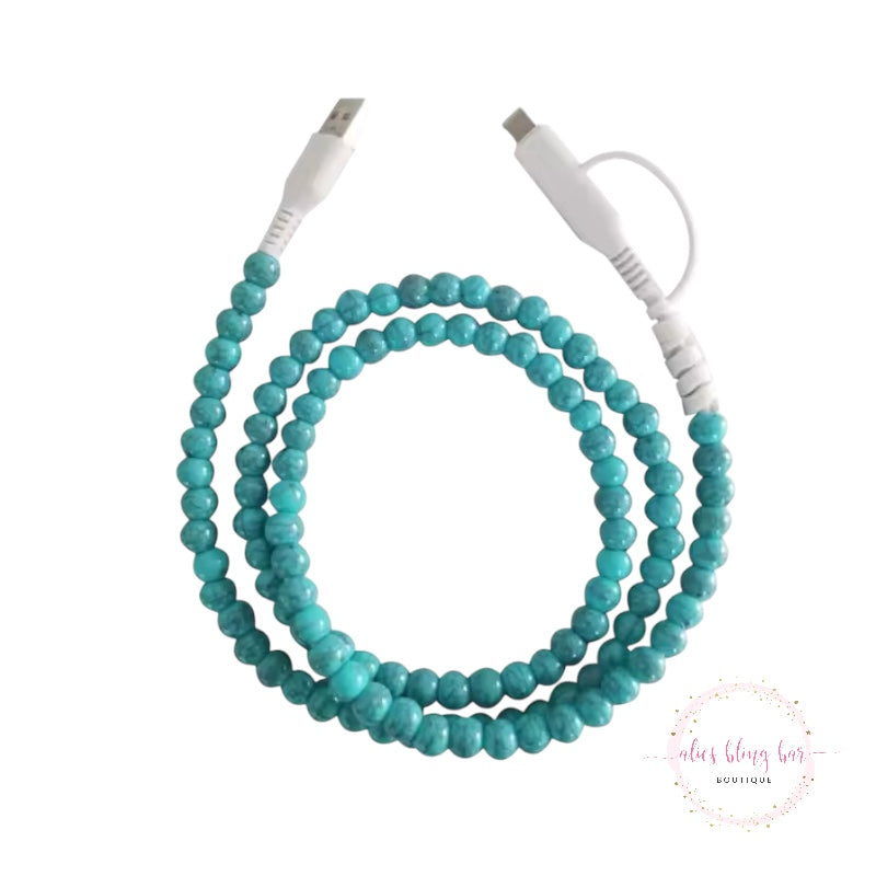 Beaded Charging Cords - Turquoise All Devices USBC & Lightening - Alies Bling Bar
