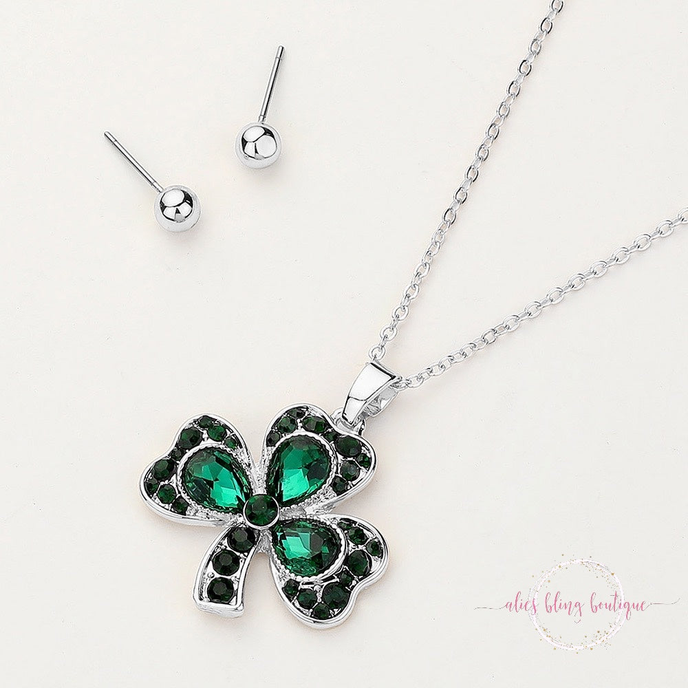 Fortune's Glow - Green Shamrock Necklace & Earrings - Alies Bling Bar