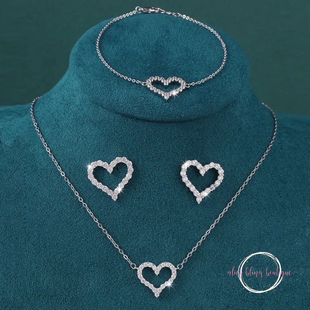 Sparkling Love Necklace, Bracelet & Earrings Set in Silver - Alies Bling Bar