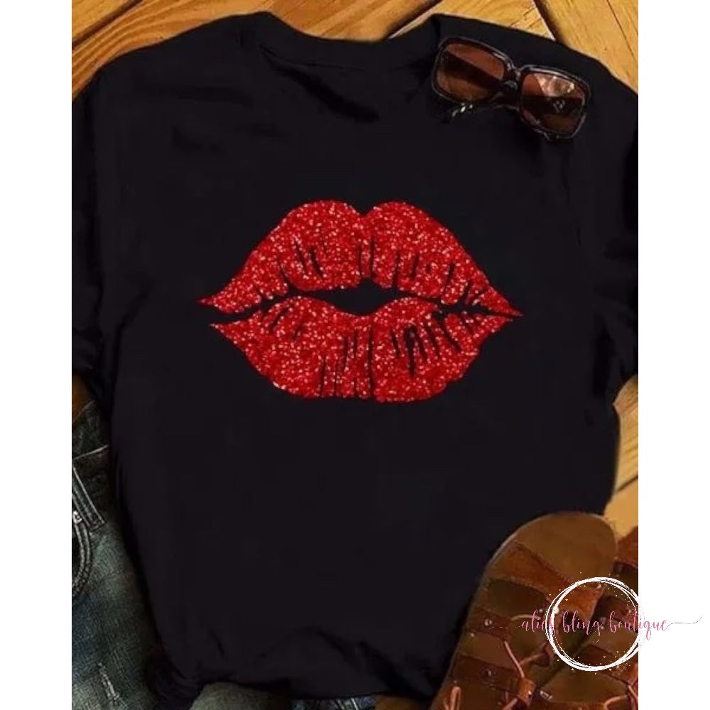 Black Glitter Lips Tee - Wow Wed - Alies Bling Bar