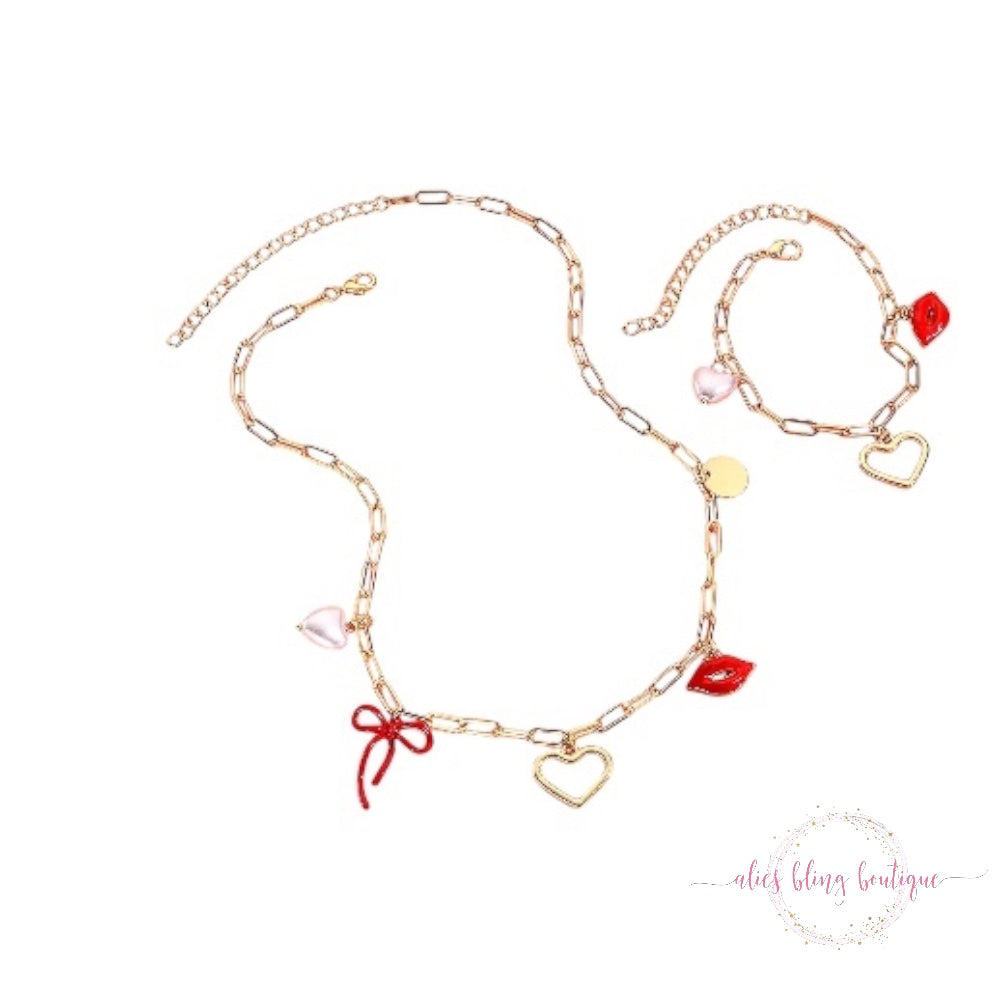 Kiss Kiss Necklace & Bracelet Set - Alies Bling Bar