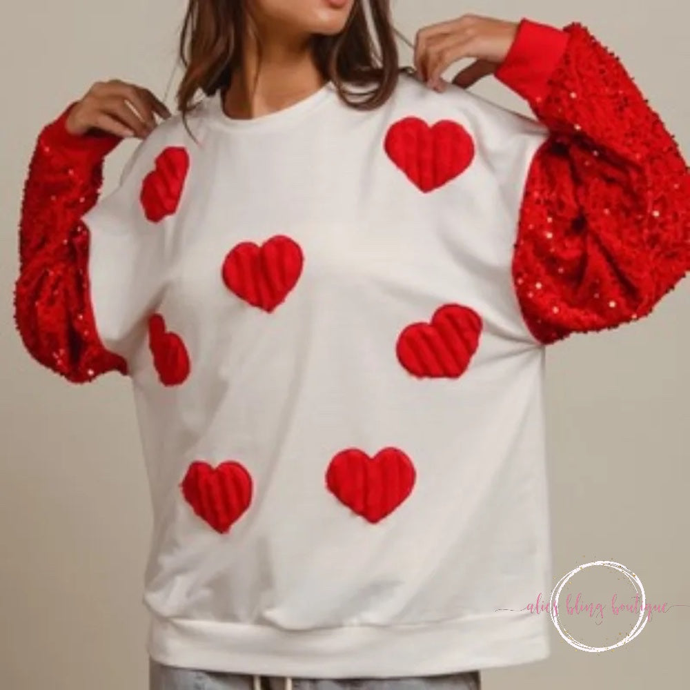 Sequin Sleeve Heart Sweater - Alies Bling Bar