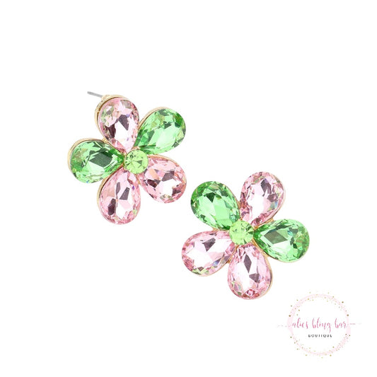 Crystal Bloom - Pink & Green Stud Earrings - Alies Bling Bar