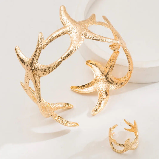 Ocean's Elegance - 14k Gold Plated Gold Bracelet & Ring Set - Alies Bling Bar